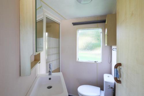 La salle de bains est pourvue d'un lavabo, de toilettes et d'une fenêtre. dans l'établissement Mobilhome dans la prairie, à Canihuel
