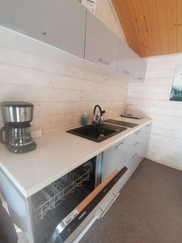 a small kitchen with a sink and a stove at Ranczo Neverlandia in Lasowice