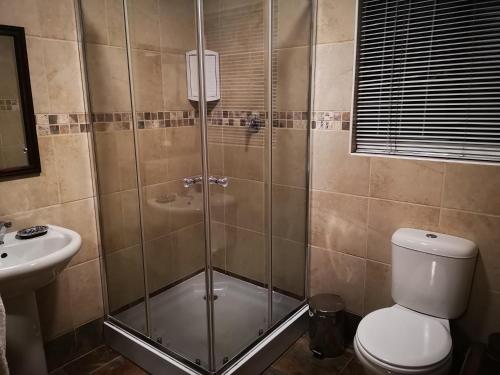 a bathroom with a shower with a toilet and a sink at De Oude Herberg in Centurion