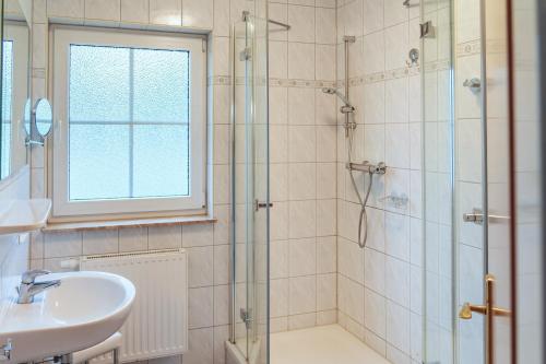 a bathroom with a glass shower and a sink at Am Deich 40 in Zingst