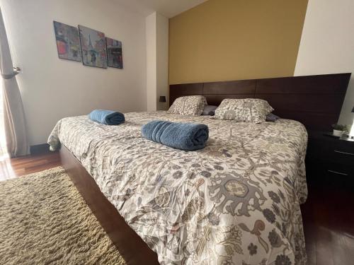 - une chambre avec un lit doté de 2 oreillers bleus dans l'établissement Bonito apartamento Cocha, à Cochabamba