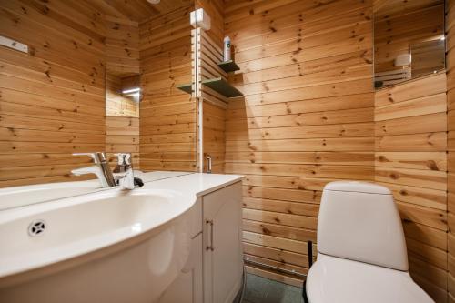 a bathroom with a toilet and a sink and wooden walls at Pyhä Nallentupa in Pyhätunturi
