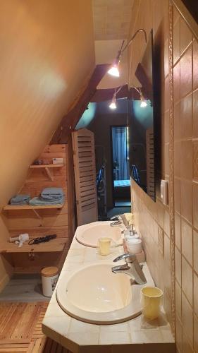 een badkamer met 2 wastafels en een spiegel bij La Calvélène in Gerponville