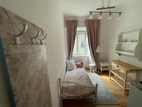 Zimmer mit einem Bett, einem Tisch und einem Schreibtisch in der Unterkunft Graz City Centre Apartment in Graz