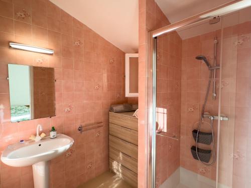 a bathroom with a sink and a shower at Plein ciel in Saint-Raphaël