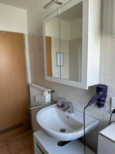 een badkamer met een witte wastafel en een spiegel bij Diamanthaus 1 Koblenz in Koblenz