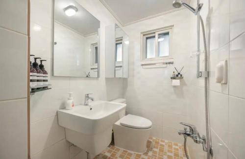 首尔Hongdae Modern House的带水槽、马桶和淋浴的浴室