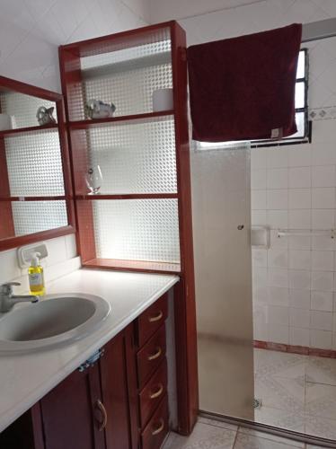 a small bathroom with a sink and a shower at Hotel La Aparesida in Areguá
