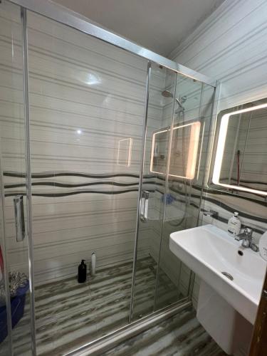 een badkamer met een douche en een wastafel bij Globe apartement in Tirana