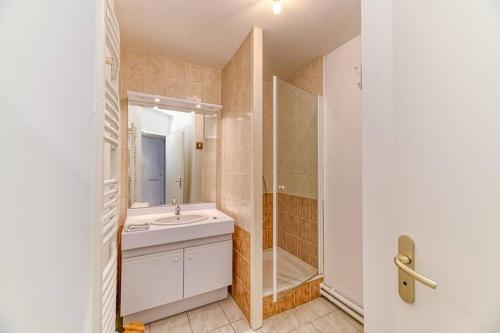 une salle de bain avec un lavabo et une douche dans l'établissement Quartier Gare, 2 personnes, wifi fibre, balcon, à Grenoble
