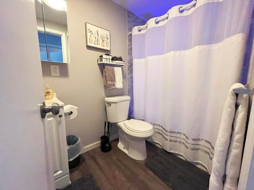 a bathroom with a toilet and a shower curtain at Downtown Cleveland -modern First Floor Unit in Cleveland