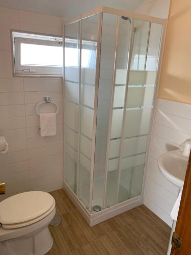 a bathroom with a shower and a toilet and a sink at Hotel Cais in Baiona