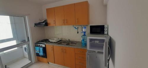 uma pequena cozinha com um lavatório e um frigorífico em Apartamento Santos em Ribeira Grande