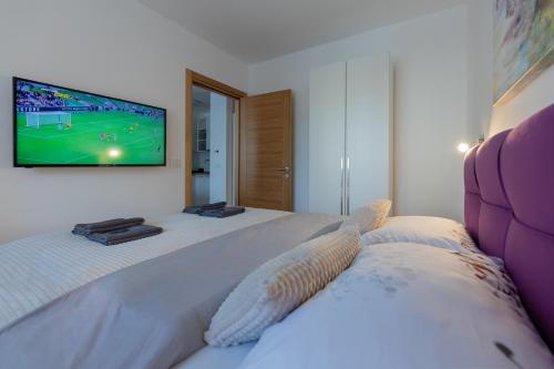a bedroom with two beds with a tv on the wall at Vila Pekovic Central-Apartman PAMA in Zlatibor