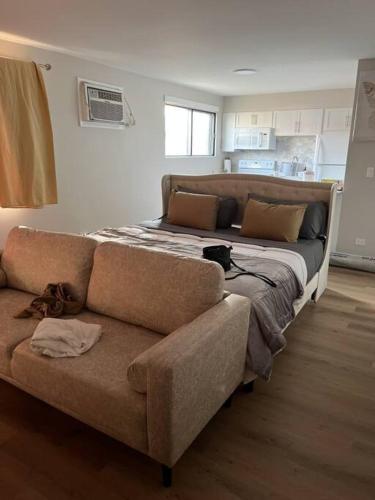 un sofá en una sala de estar con cama en Luxury King Bed in Family Friendly Location, en Chicago