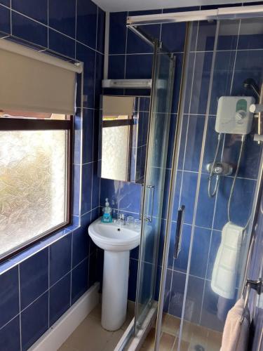 キローグリンにあるTorine House B&Bの青いタイル張りのバスルーム(シンク、シャワー付)