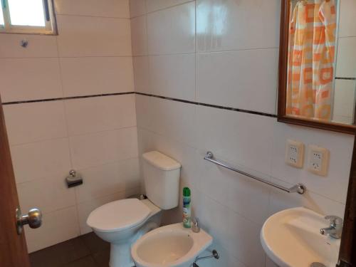 La petite salle de bains est pourvue de toilettes et d'un lavabo. dans l'établissement Carabanchel, à Canepa