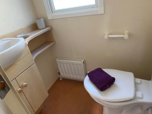 a bathroom with a toilet with a purple towel on it at Coastal Caravan Holidays - Puffin 14 in Tunstall