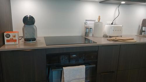 - une cuisine avec un comptoir et une cuisinière four supérieur dans l'établissement Ocean View Suite near Sky Lagoon, à Reykjavik