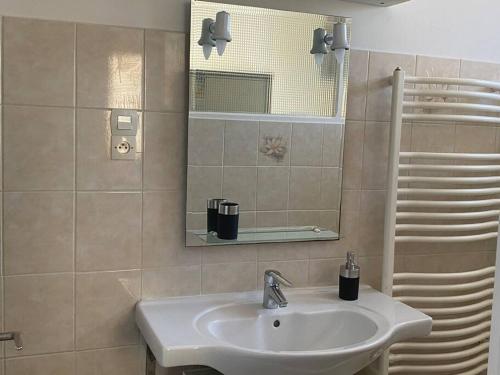 une salle de bains avec un lavabo et un miroir dans l'établissement puce appartement, à Sète