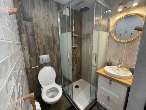 une salle de bain avec toilettes, douche et lavabo dans l'établissement Studette rénovée skis aux pieds, Tignes le Lac - FR-1-502-537, à Tignes