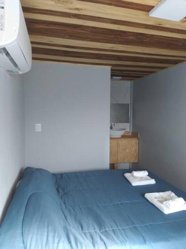 a bedroom with a blue bed with two towels on it at Habitación loft centrica in Esperanza