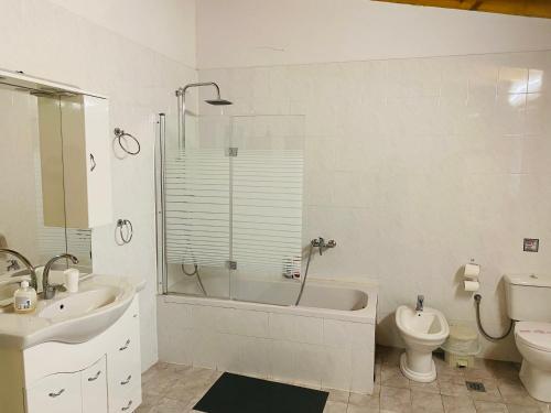 ein Badezimmer mit einem Waschbecken, einer Badewanne und einem WC in der Unterkunft THE MANSION OF DIONISOS AND DIMITRAS in Linariá