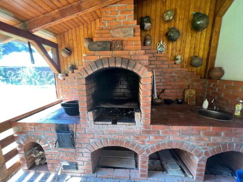 a brick oven in a kitchen with a sink at Lenilla Guesthouse in Şiclod