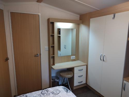 ein kleines Schlafzimmer mit einem Waschbecken und einem Spiegel in der Unterkunft Chalet met veranda aan bosrand in Vledder