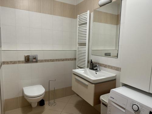 W łazience znajduje się toaleta, umywalka i lustro. w obiekcie Nomad Apartments w Pradze