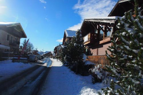 une rue enneigée à côté d'une maison dans l'établissement Chalet Portes du Soleil 1, aux Gets