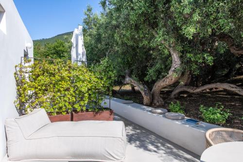a patio with a white couch and trees at Vico San Lorenzo - Camere a Salina in Malfa