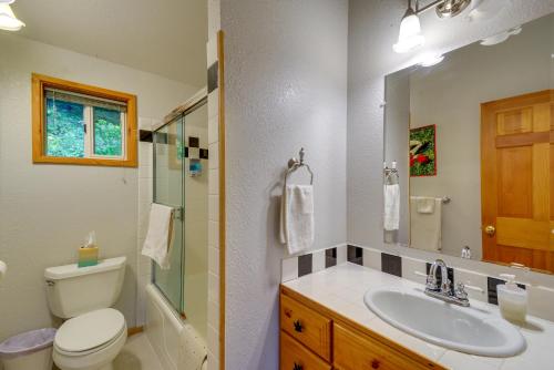 a bathroom with a sink and a toilet and a mirror at Tahuya Cabin Hood Canal and Olympic Mountain Views! in Tahuya