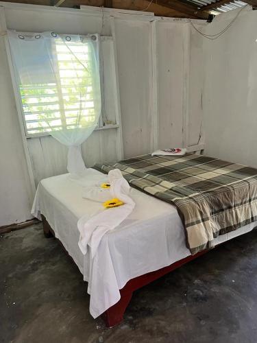 拉羅馬納的住宿－D, Altagracia casa de campo saona，一间卧室配有一张带白色床单的床和一扇窗户。