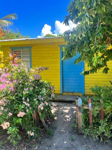 a yellow and blue house with flowers in front of it at D, Altagracia casa de campo saona in La Romana