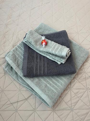 a pair of towels sitting on top of a bed at Ferienwohnung-Weil-Burg in Weilburg