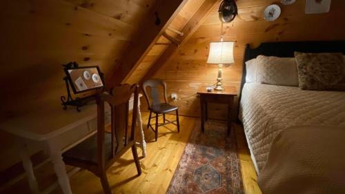 a bedroom with a bed and a desk and a chair at Little Birdsong Cabin in Vilas