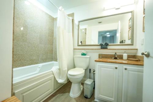ein Badezimmer mit einem WC, einem Waschbecken und einem Spiegel in der Unterkunft Orlando Apt 9th Floor 5 min from Disney in Orlando