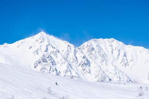 a person skiing down a snow covered mountain at Hotel Stelle Belle in Hakuba