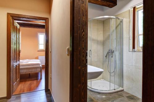 a bathroom with a shower and a sink at Chata Zadov in Prachatice