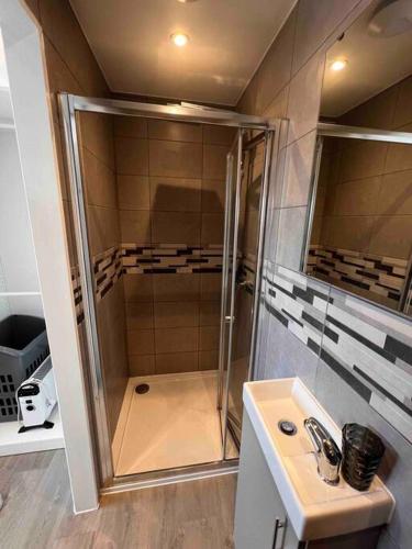 a bathroom with a shower and a sink at Minster Hilltop Apartment in Minster