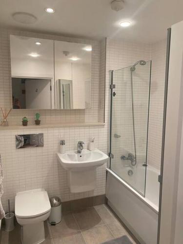 a bathroom with a toilet and a sink and a shower at Lovely and spacious Wimbledon Flat in London