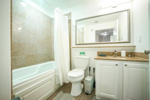 a bathroom with a toilet and a sink and a mirror at Apt Orlando 11th floor 5 minutes from Disney in Orlando