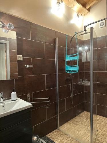 een badkamer met een douche, een wastafel en een glazen deur bij Mon Hacienda in Caumont