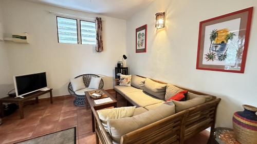 a living room with a couch and a television at La Pagerie, joli bas de villa avec piscine au calme à 5 minutes de la plage in Les Trois-Îlets