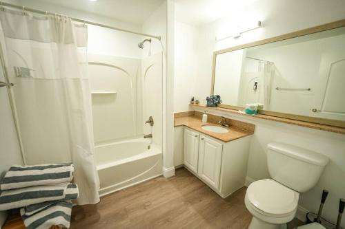 La salle de bains est pourvue de toilettes, d'un lavabo et d'une douche. dans l'établissement Renovated Condo Blue Heron 5 pax, à Orlando