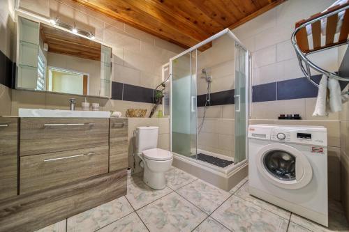 a bathroom with a toilet and a washing machine at Kaz Latania in Étang-Salé