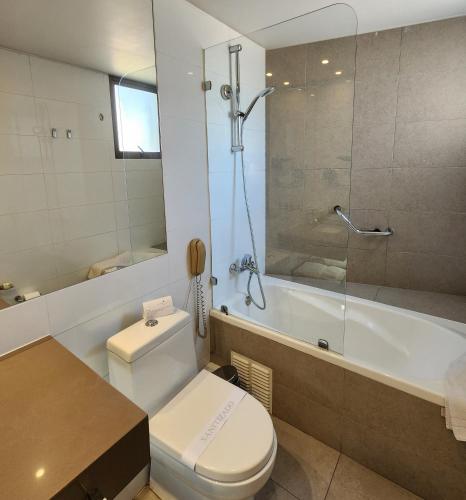 a bathroom with a toilet and a shower and a tub at Hotel Los Españoles Plus in Santiago