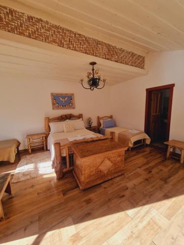 a bedroom with a bed and a chandelier at Pousada Cipó Artes in Prados