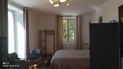 a bedroom with a bed and a table and chairs at FLORAC AUTHENTIQUE in Florac Trois Riviere